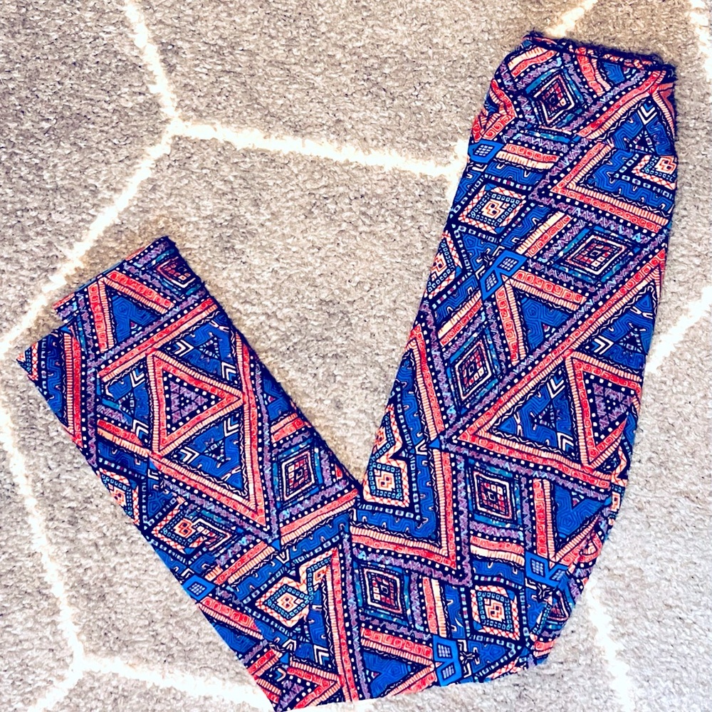 LuLaRoe Blue and Coral Geometric Leggings
